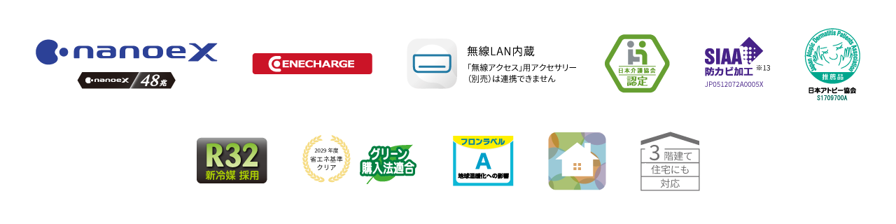 各種ロゴ。ナノイーX（48兆）、エネチャージ、エオリアアプリ（無線LAN内蔵）、日本介護協会認定、日本アトピー協会推奨品、R32新冷媒採用、フロンラベルA、JC-STAR、2029年度省エネ基準クリア、HEMS連携、三階建て住居にも対応