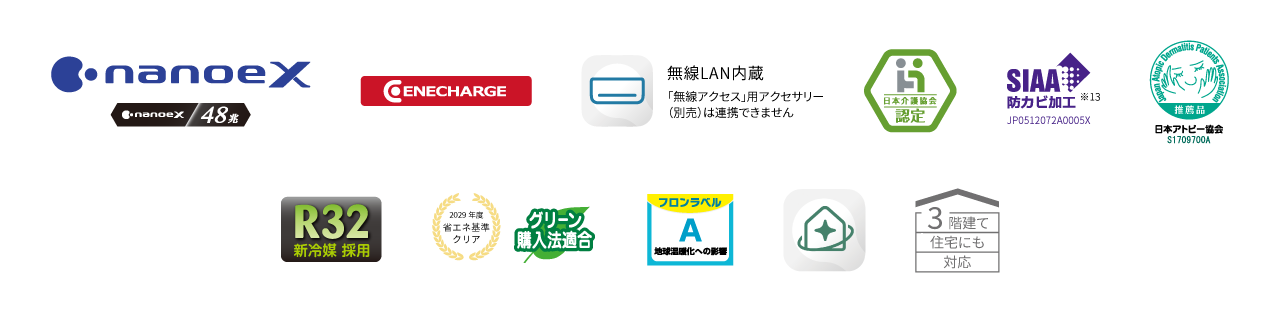 各種ロゴ。ナノイーX（48兆）、エネチャージ、エオリアアプリ（無線LAN内蔵）、日本介護協会認定、日本アトピー協会推奨品、R32新冷媒採用、フロンラベルA、JC-STAR、2029年度省エネ基準クリア、HEMS連携、三階建て住居にも対応