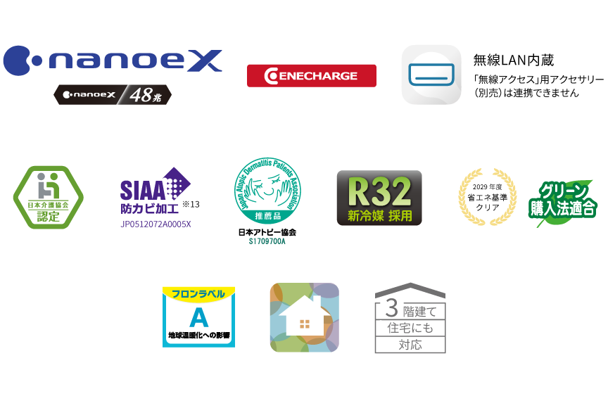 各種ロゴ。ナノイーX（48兆）、エネチャージ、エオリアアプリ（無線LAN内蔵）、日本介護協会認定、日本アトピー協会推奨品、R32新冷媒採用、フロンラベルA、JC-STAR、2029年度省エネ基準クリア、HEMS連携、三階建て住居にも対応