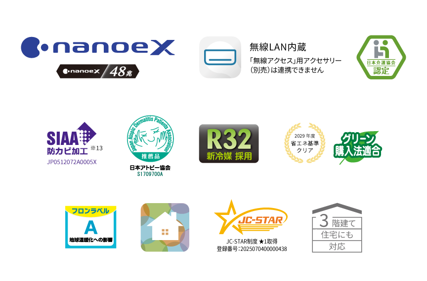 各種ロゴ。ナノイーX（48兆）、エオリアアプリ（無線LAN内蔵）、日本介護協会認定、日本アトピー協会推奨品、R32新冷媒採用、フロンラベルA、JC-STAR、2029年度省エネ基準クリア、HEMS連携、三階建て住居にも対応