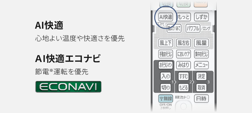 AI快適、心地よい温度や快適さを優先。AI快適エコナビ、節電※運転を優先（エコナビ）