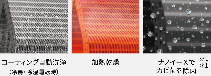 コーティング自動洗浄、加熱乾燥、ナノイーXでカビ菌を除菌※1＊1の画像です