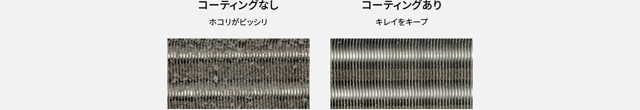 コーティングなし（ホコリがビッシリ）と、コーティングあり（キレイをキープ）の比較画像です