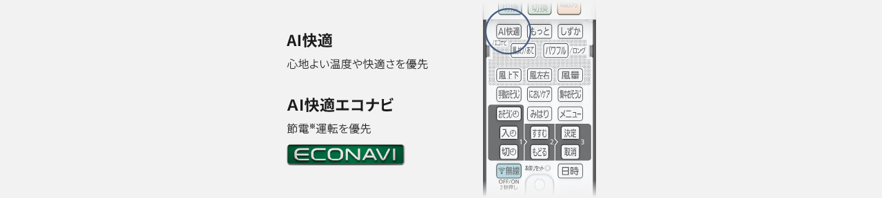 AI快適、心地よい温度や快適さを優先。AI快適エコナビ、節電※運転を優先（エコナビ）