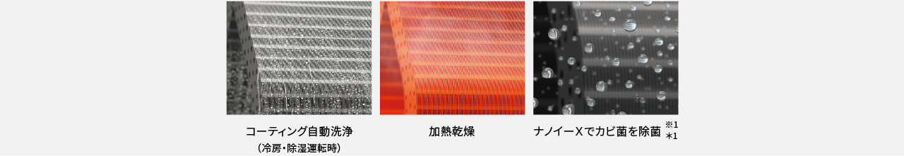 コーティング自動洗浄、加熱乾燥、ナノイーXでカビ菌を除菌※1＊1の画像です