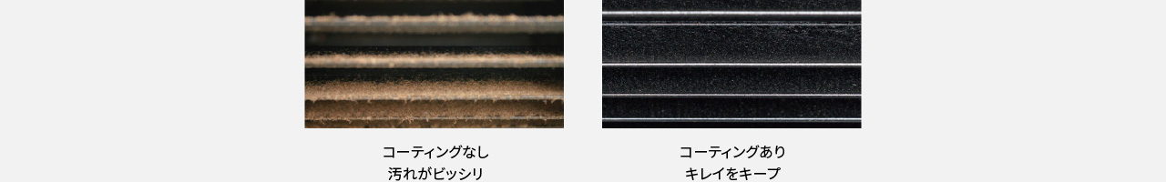 コーティングなし（汚れがビッシリ）と、コーティングあり（キレイをキープ）の比較画像です