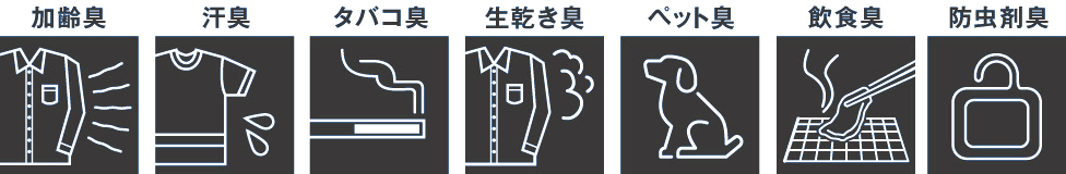 加齢臭・汗臭・タバコ臭・生乾き臭・ペット臭・飲食臭・防虫剤臭