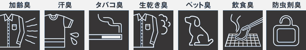 加齢臭・汗臭・タバコ臭・生乾き臭・ペット臭・飲食臭・防虫剤臭