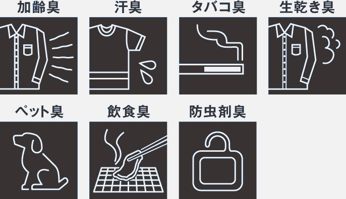 加齢臭・汗臭・タバコ臭・生乾き臭・ペット臭・飲食臭・防虫剤臭