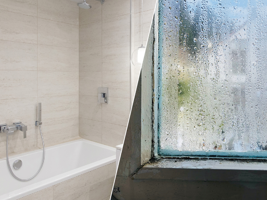 浴室と、窓が結露している画像です。特長ページ「除湿・便利な機能」のイメージ画像です。