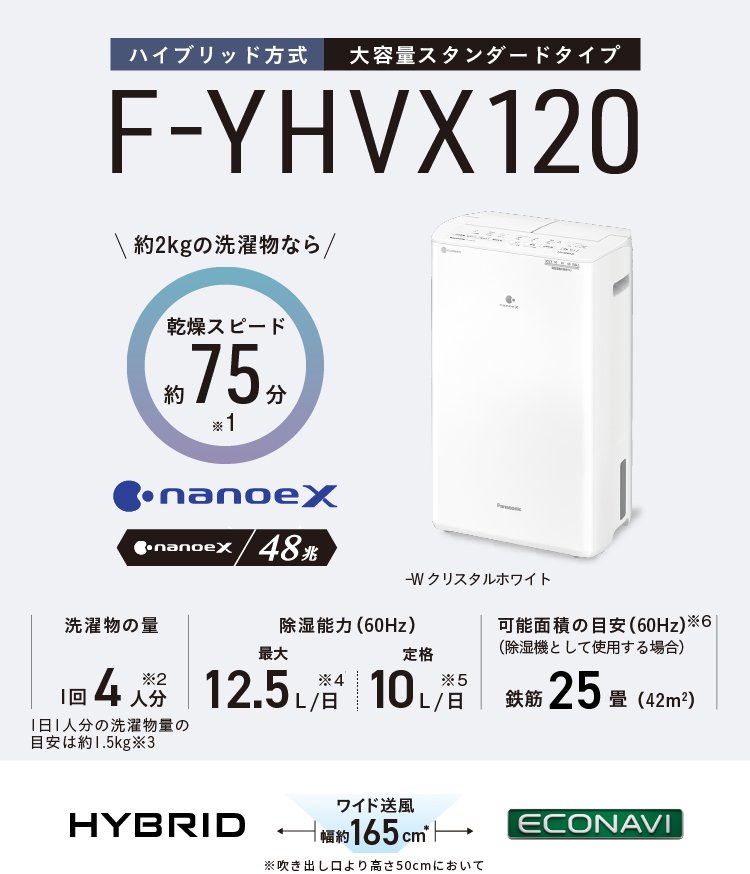 F-YHVX120のメインビジュアルです。約2kgの洗濯物なら乾燥スピード約75分※1、ナノイーX48兆、洗濯物の量1回4人分※2、1日1人分の洗濯物量の目安は約1.5kg※3、除湿能力（60Hz）最大 12.5L/日（60Hz）※4、定格除湿能力 10L/日（60Hz）※5、、可能面積の目安※6 25畳（42㎡）、本体色-W クリスタルホワイト