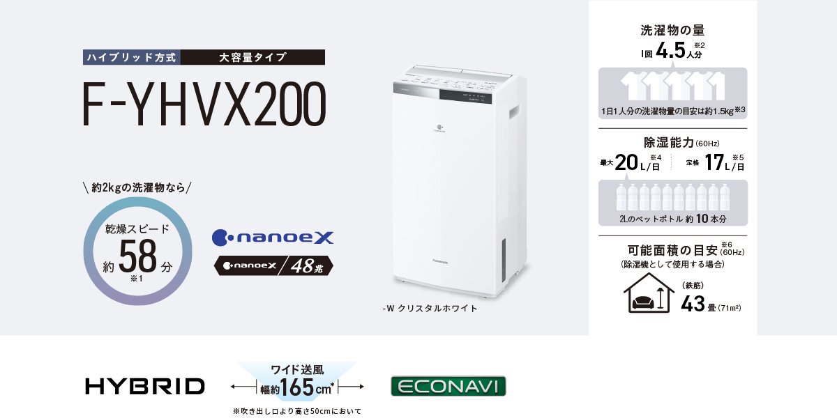 F-YHVX200のメインビジュアルです。約2kgの洗濯物なら乾燥スピード約58分※1、ナノイーX48兆、洗濯物の量1回4.5人分※2、1日1人分の洗濯物量の目安は約1.5kg※3、除湿能力（60Hz）最大 20L/日（60Hz）※4、定格除湿能力 17L/日（60Hz）※5、、可能面積の目安※6 43畳（71㎡）、本体色-W クリスタルホワイト