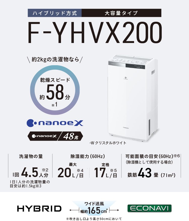F-YHVX200のメインビジュアルです。約2kgの洗濯物なら乾燥スピード約58分※1、ナノイーX48兆、洗濯物の量1回4.5人分※2、1日1人分の洗濯物量の目安は約1.5kg※3、除湿能力（60Hz）最大 20L/日（60Hz）※4、定格除湿能力 17L/日（60Hz）※5、、可能面積の目安※6 43畳（71㎡）、本体色-W クリスタルホワイト