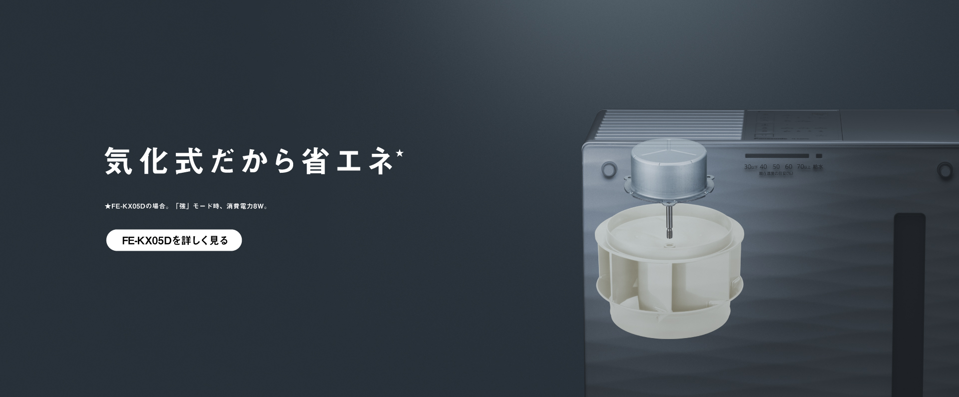 「気化式だから省エネ」のイメージ画像です。クリックするとFE-KX05Dのページにリンクします。