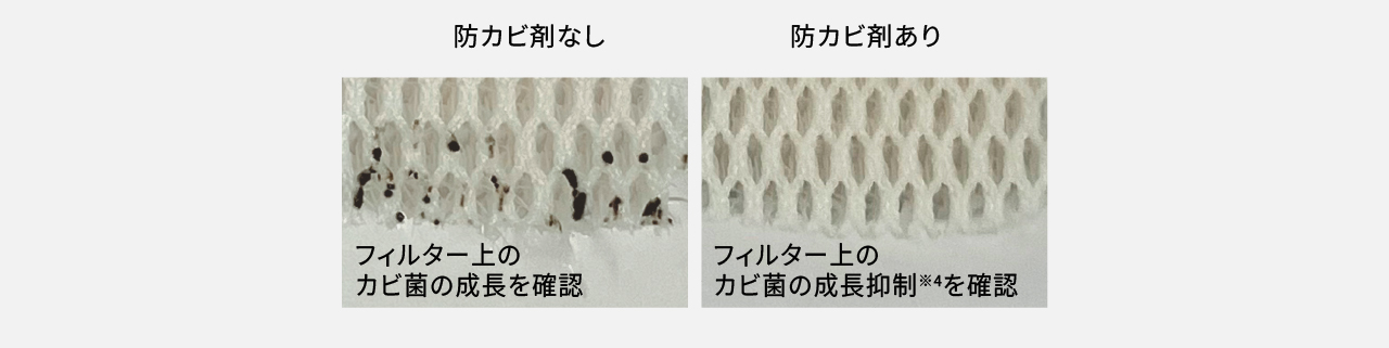防カビ剤「あり」「なし」の比較図です。「あり」では、フィルター上のカビ菌の成長抑制が確認されています。