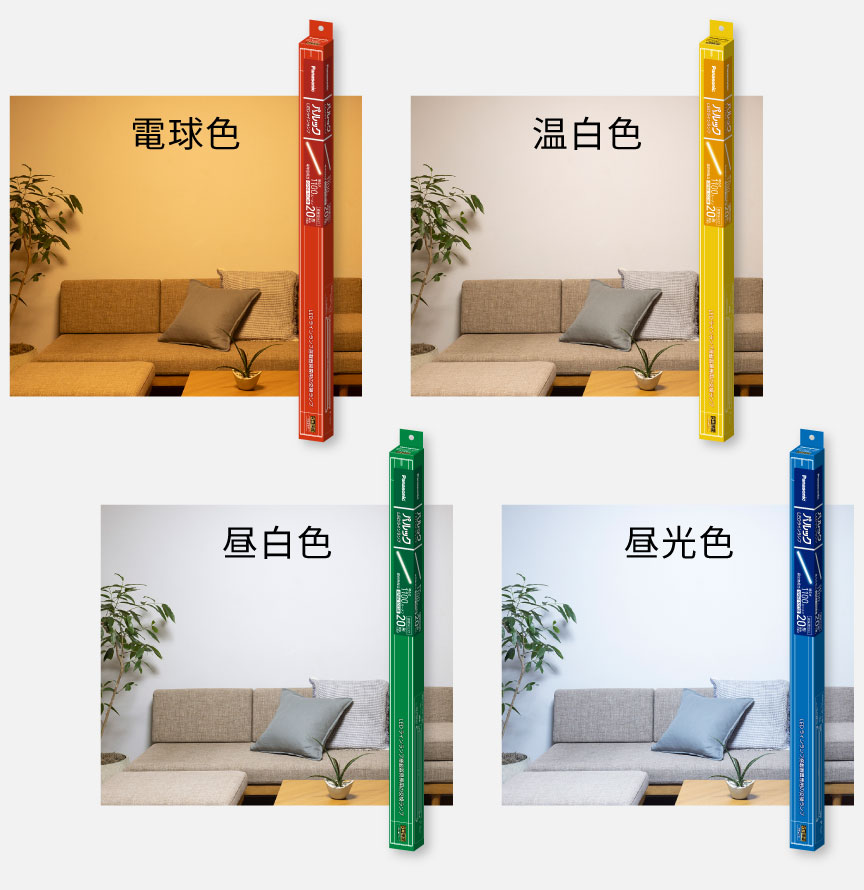 写真：4つの光色のパッケージと部屋イメージ