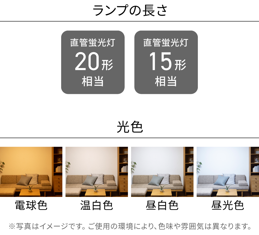 ランプの長さ：直管蛍光灯20形相当,15形相当 光色：電球色,温白色,昼白色,昼光色
