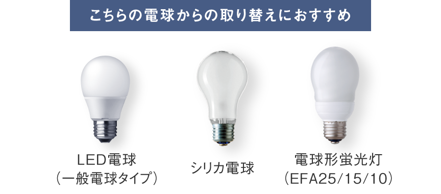 LED電球（一般電球タイプ）、シリカ電球、電球形蛍光灯（EFA25/15/10）からの取り替えにおすすめ