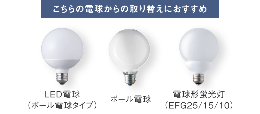 LED電球（ボール電球タイプ）、ボール電球、電球形蛍光灯（EFG25/15/10）からの取り替えにおすすめ