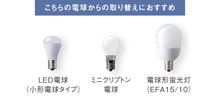 LED電球（小形電球タイプ）、ミニクリプトン電球、電球形蛍光灯（EFA15/10）からの取り替えにおすすめ