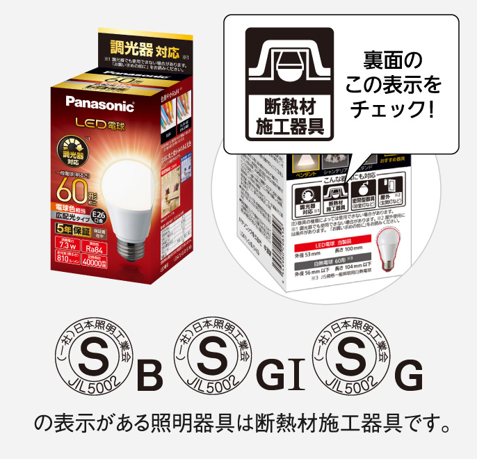 この表示がある照明器具は断熱材施工器具です
