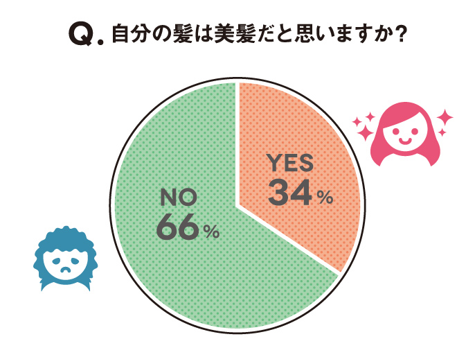円グラフ:Q. 自分の髪は美髪だと思いますか？ A. Yes 34% No 66%