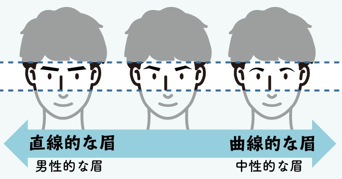 顔のイラスト：直線的な眉（男性的な眉）⇔曲線的な眉（中性的な眉）