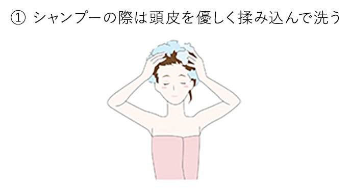①シャンプーの際は頭皮を優しく揉み込んで洗う