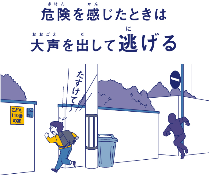 イラスト：不審者に追いかけられた子どもが、子ども110番の家に逃げ込む様子,危険を感じたときは大声を出して逃げる