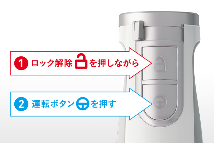 画像：①ロック解除ボタンを押しながら②運転ボタンを押す