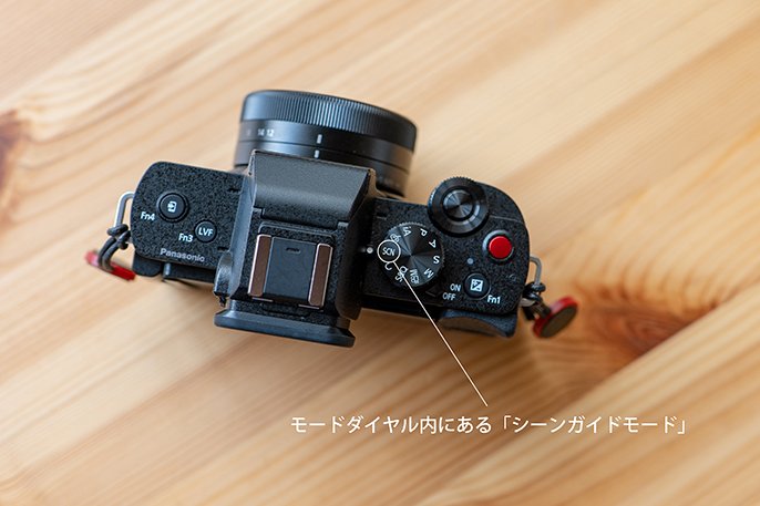 写真：LUMIX G100を真上からダイヤルが見えるようなイメージ　ダイヤル：モードダイヤル内にある「シーンガイドモード」