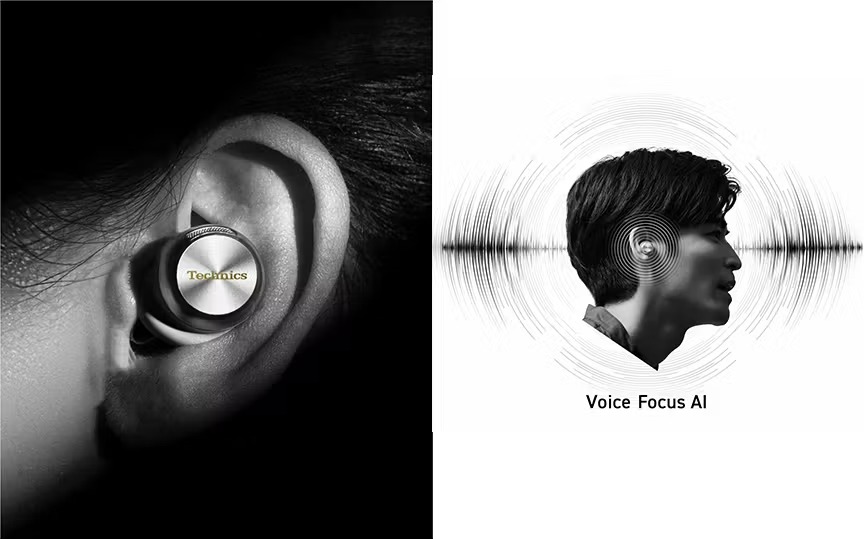 ノイズキャンセリングイヤホン装着写真とVoice Focus AIのイメージ写真