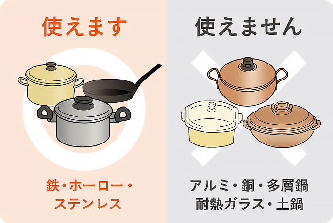 材質でみる使える鍋：鉄・ホーロー・ステンレス,使えない鍋：アルミ・銅・多層鍋・耐熱ガラス・土鍋