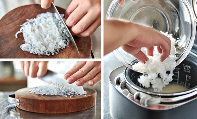 写真：左上 白滝を包丁で切っている、左下 白滝をみじん切りに、右 みじん切にした白滝をお米が入った炊く前の炊飯器に投入している