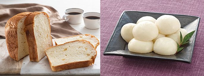 写真：（左）低糖質パン プロテインとレモンピール （右）もち