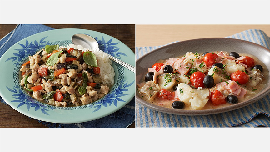 写真：鶏肉のバジル炒め（タイ風）とたらのプロヴァンス風