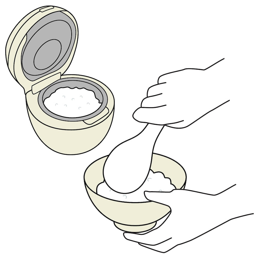 炊飯器から茶碗にご飯をよそうイラスト