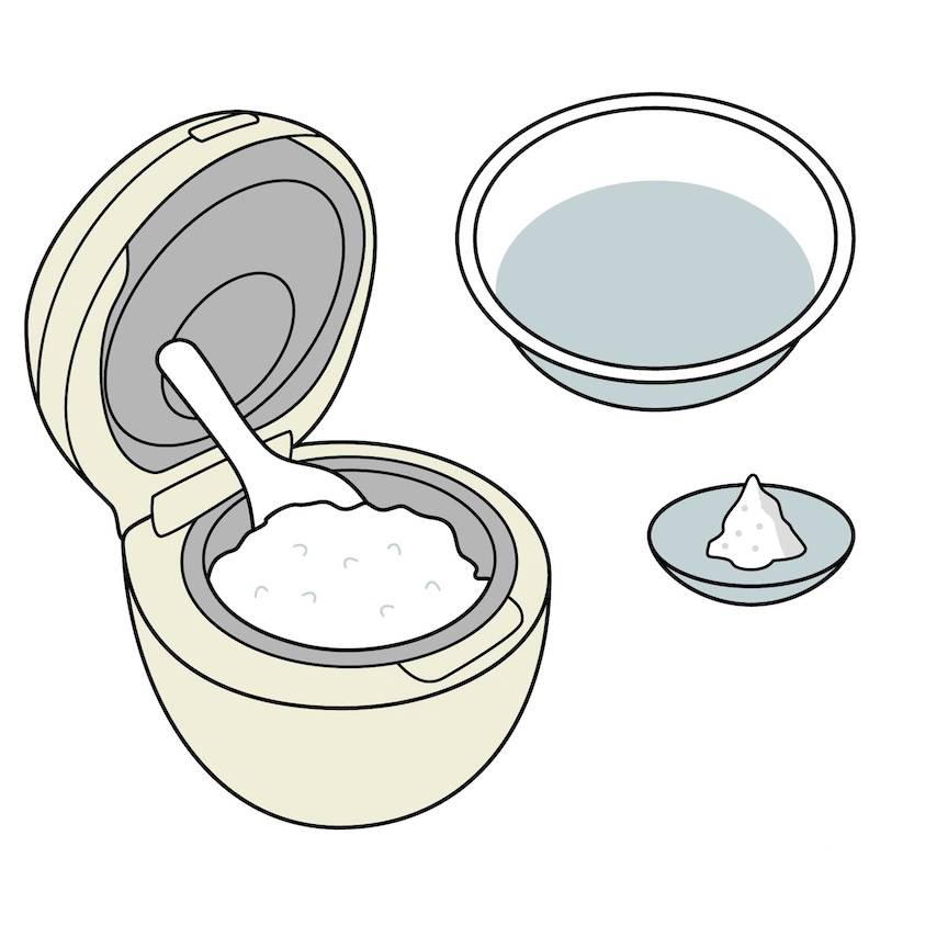 炊飯器としゃもじ、ボウルと塩のイラスト