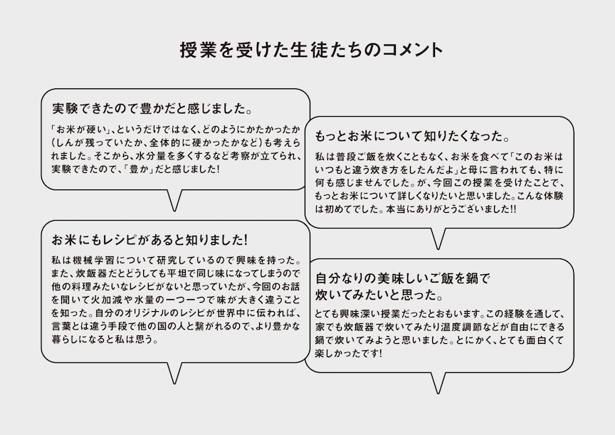 授業を受けた学生たちのコメントが4つ並んでいる画像