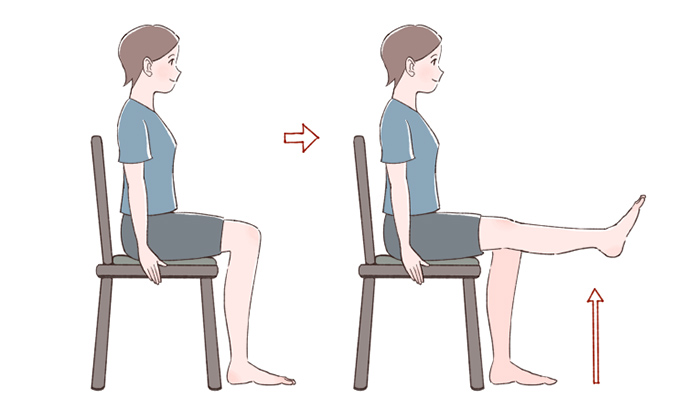 イラスト：座った状態と座った状態でひざを伸ばすイメージ