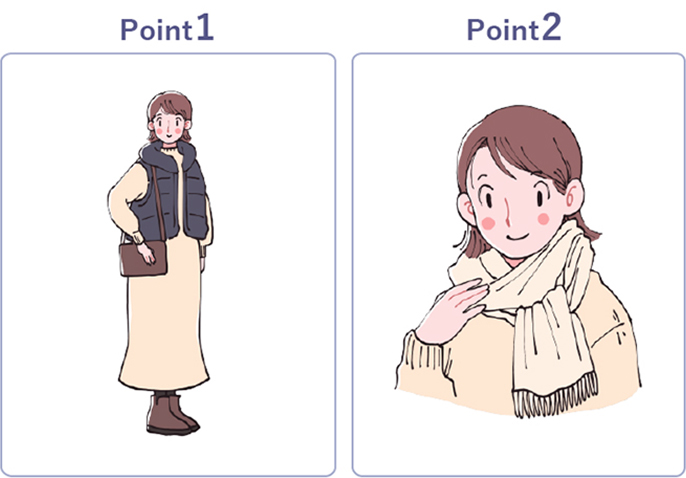 Point1：ベストを着用している女性のイラスト、Point2：マフラーを首に巻いている女性のイラスト