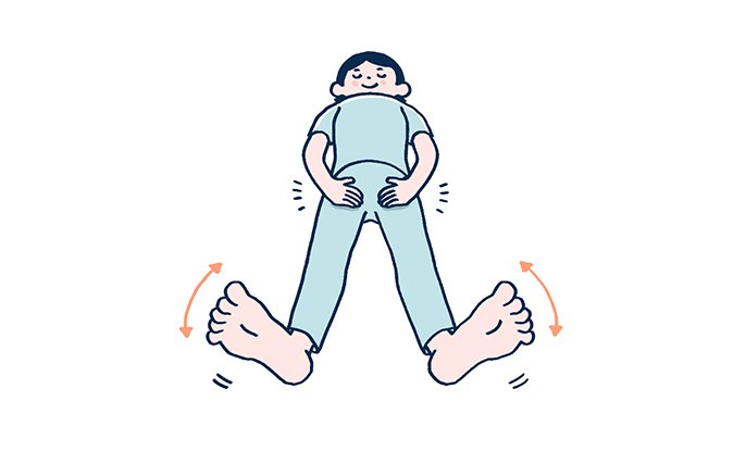 仰向けに寝て足を伸ばし、両足でバイバイをするように左右に細かく動かすイラスト