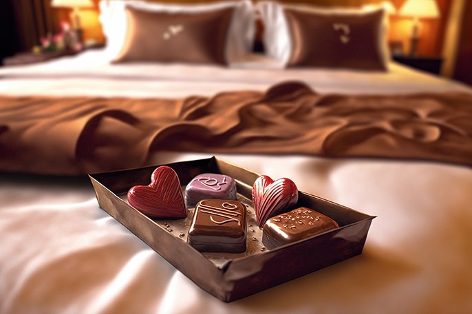 写真：ベッドの上に置かれたチョコレートのイメージ