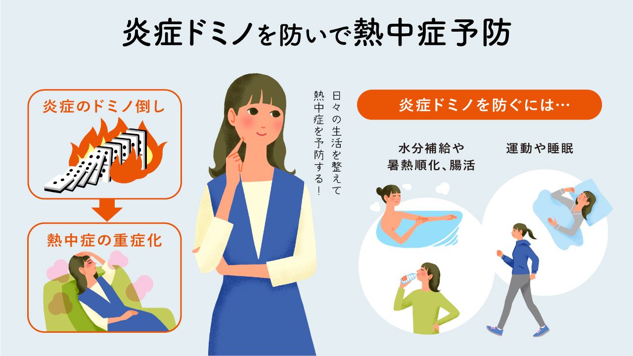 炎症ドミノを防いで熱中症予防 炎症のドミノ倒し 熱中症の重症化 日々の生活を整えて熱中症を予防する！ 炎症ドミノを防ぐには… 水分補給や暑熱順化、腸活 運動や睡眠
