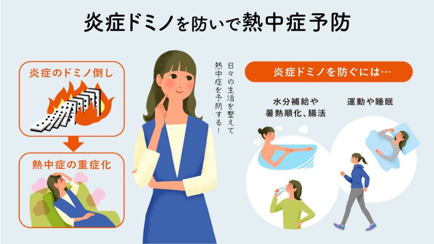 炎症ドミノを防いで熱中症予防 炎症のドミノ倒し 熱中症の重症化 日々の生活を整えて熱中症を予防する！ 炎症ドミノを防ぐには… 水分補給や暑熱順化、腸活 運動や睡眠