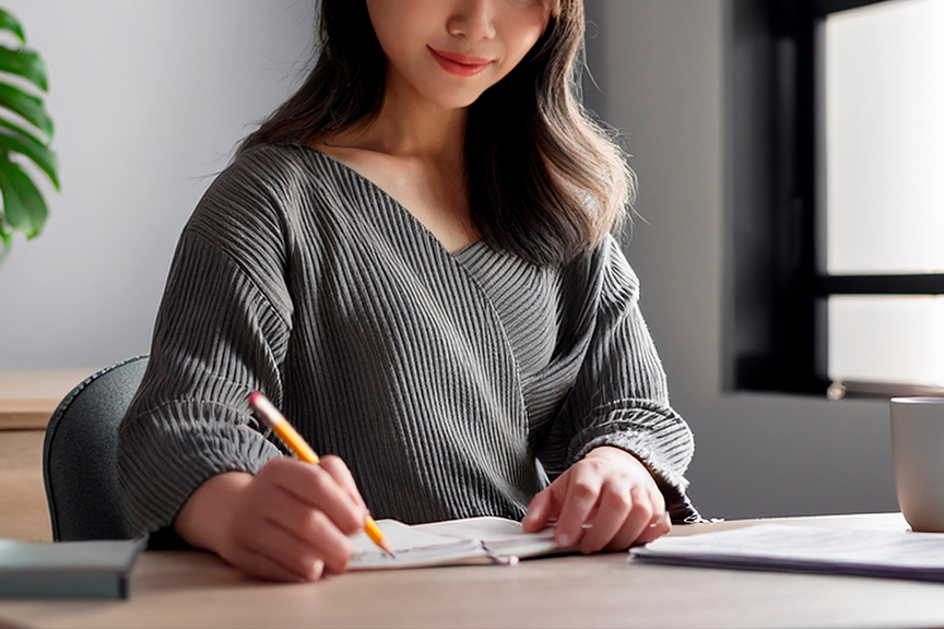 女性が何かを書いている様子