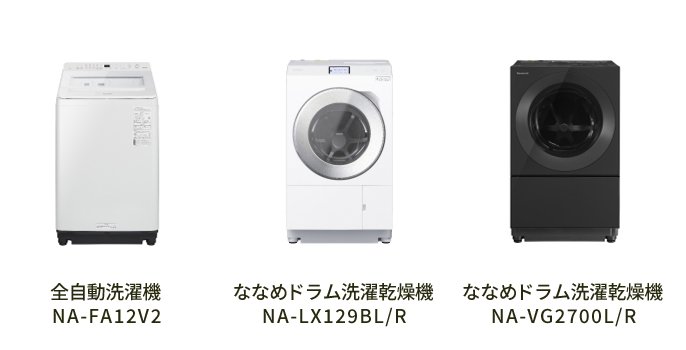 左：全自動洗濯機 NA-FA12V2、真ん中：ななめドラム洗濯乾燥機 NA-LX129BL/R、右：ななめドラム洗濯乾燥機 NA-VG2700L/R
