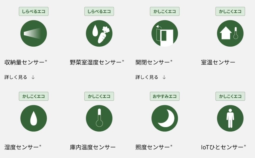 しらべるエコ 収納量センサー* 詳しく見る ↓ しらべるエコ 野菜室湿度センサー* かしこくエコ 開閉センサー* 詳しく見る ↓ かしこくエコ 室温センサー かしこくエコ 湿度センサー* かしこくエコ 庫内温度センサー おやすみエコ 照度センサー* かしこくエコ IoTひとセンサー*