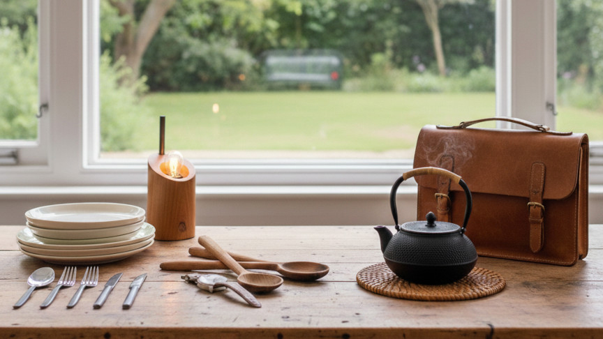 机の上に食器などが置かれているイメージ