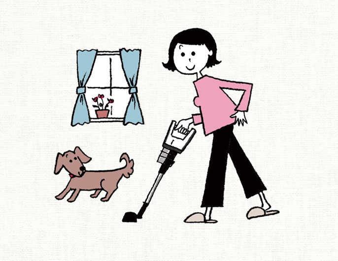 イラスト：掃除機をかける女性と犬